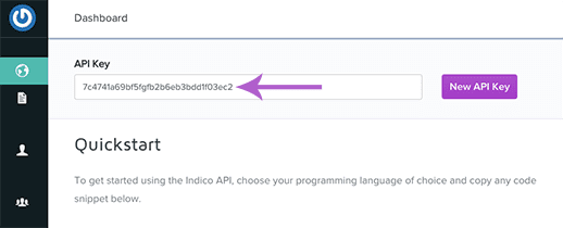 Copy your indico API key from the Dashboard