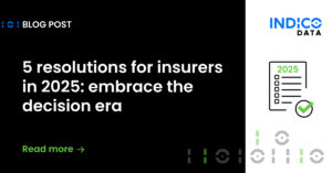 Blog post graphic titled "5 resolutions for insurers in 2025: embrace the decision era" with Indico Data logo.