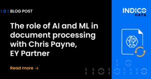Blog post title: "The role of AI and ML in document processing with Chris Payne, EY Partner." Includes a "Read more" link and Indico Data branding. Discover the insights shared and explore how technology is reshaping our approach to managing documents.