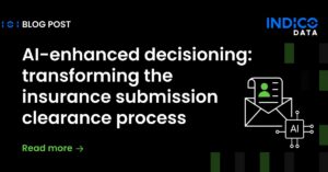 Blog post image titled "AI-enhanced decisioning: transforming the insurance submission clearance process" with email and AI icons, and "Read more" text.