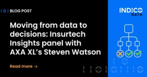 Promotional image for a blog post titled, "Moving from data to decisions: Insurtech Insights panel with AXA XL's Steven Watson," featuring Indico Data branding.