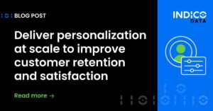 Blog post banner with the title "Deliver personalization at scale to improve customer retention and satisfaction" on a black background, blue accents on the right, and a "Read more" link in green.