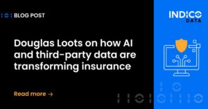 Blog post graphic titled "Douglas Loots on how AI and third-party data are transforming insurance" with Indico Data logo and computer icon, and the text "Read more" with an arrow.