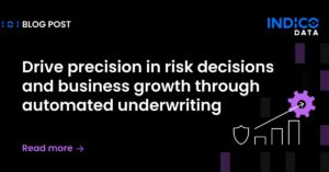 Text in image reads: "Drive precision in risk decisions and business growth through automated underwriting. Read more." Image features graphics of a gear and shield on a black background.