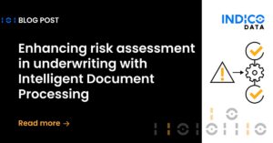 Blog post titled "Enhancing risk assessment in underwriting with Intelligent Document Processing" with a "Read more" link and graphics on a black and white background.