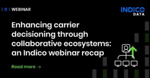 Indico Data webinar titled "Enhancing carrier decisioning through collaborative ecosystems" with a "Read more" link at the bottom right.