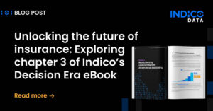 Image of a blog post announcement featuring Indico's Decision Era eBook. Title: "Unlocking the future of insurance: Exploring chapter 3". An open eBook is displayed alongside the text.