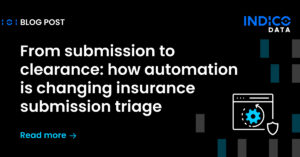 Blog post titled "From submission to clearance: how automation is changing insurance submission triage" with a gear and document icon on a black background.