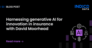 Blog post about using generative AI for innovation in insurance with David Moorhead. Includes icons of AI, cloud, cash, and document.