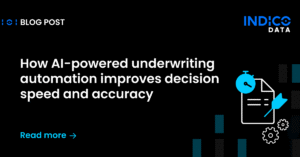 Blog post graphic titled "How AI-powered underwriting automation improves decision speed and accuracy" with a clock and document icon, and the text "Read more" with an arrow.