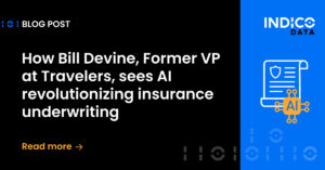 Blog post cover about AI revolutionizing insurance underwriting, featuring a former VP at Travelers. The design includes text and an icon of a document with "AI" on it.
