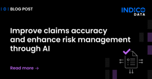 Blog post header with text: "Improve claims accuracy and enhance risk management through AI." Includes Indico Data logo and an icon of a document with checkmarks.