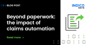 Graphic promotion for a blog post about the advantages of claims automation in replacing traditional paperwork, by indco data.