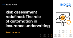 Graphic for a blog post titled "risk assessment: the role of automation in insurance underwriting" featuring a magnifying glass and chart icon, designed by indico data.