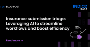 Blog post title: "Insurance submission triage: Leveraging AI to streamline workflows and boost efficiency." Indico Data logo at top right. "Read more" text with an arrow at bottom left.