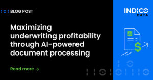 Blog post header with the title "Maximizing underwriting profitability through AI-powered document processing" and a graphic of AI-related icons on a blue background.