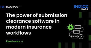 Blog post cover with the text: "The power of submission clearance software in modern insurance workflows." Indico Data logo is in the corner, with a green gear icon and a "Read more" prompt.