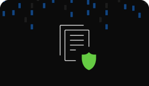 An icon of documents with a green shield in front of them is displayed against a background of blue and black lines symbolizing falling data or rain.