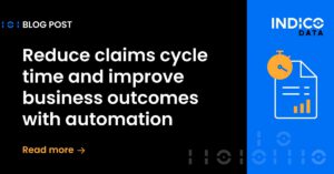 Blog post titled "Reduce claims cycle time and improve business outcomes with automation" from Indico Data, featuring a stopwatch and document icon with a "Read more" prompt.