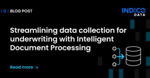 A black background image with white text saying "Streamlining data collection for underwriting with Intelligent Document Processing." Logo in the top right corner and "Read more" link in blue at the bottom left.