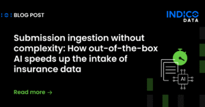 Blog post title on AI solutions for insurance data intake, with a dark background and Indico Data branding.