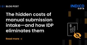 A blog post banner showing the title "The hidden costs of manual submission intake—and how IDP eliminates them," with a graphic of a document and magnifying glass, highlights insurance industry integration of artificial intelligence.