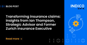 Banner for a blog post titled "Transforming Insurance Claims" featuring insights from Ian Thompson. Dive in to explore more. On the right, a blue and yellow illustration awaits.