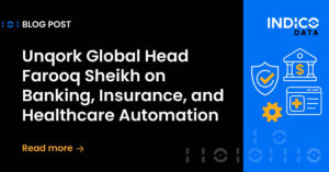 Blog post titled "Unqork Global Head Farooq Sheikh on Banking, Insurance, and Healthcare Automation." On the right, icons represent finance and technology. "Read more" with an arrow is at the bottom.