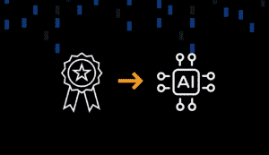An icon of a ribbon with a star points via an arrow to an icon of a microchip labeled "AI" against a black background with scattered blue and gray rectangles.