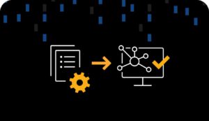 A diagram showing a flow from a document and gear icon to a networked computer screen with a check mark, symbolizing a process or system workflow.